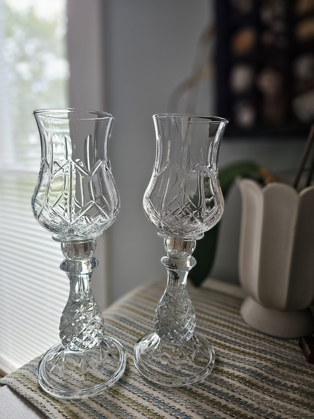 Set Of Vintage Indiana Glass Pineapple Candle Lamps with Hurricane Shades